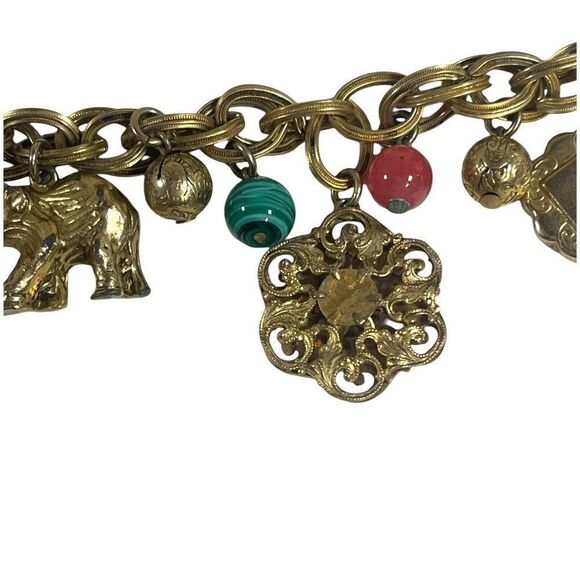 Elephant Trunks Up Good Luck Coin Vintage GERMANY Charm Bracelet 7” Chunky BOHO - Picture 3 of 7